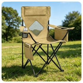 Folding Camping Chair, Heavy-Duty Metal Frame Portable Outdoor Chair with Cup Holder, Insulated Cooler Bag & Side Pocket for Camping Fishing Beac