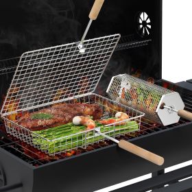 Grill Basket Set, Removable Wooden Handle, 304 Stainless Steel, Rolling BBQ Tools, Smoker Grilling Accessories for Vegetable Fish