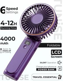 Portable Handheld Fan, Portable Fan Rechargeable, 4000mAh, 180° Adjustable, 6 Speed Wind, Display Electricity in Real Time (Color: Purple)