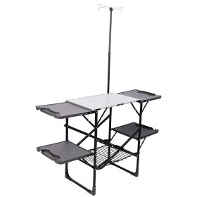 Folding Camping Kitchen Table, Portable Outdoor Cooking Station with Heat Resistant Top, 4 Side Tables & Lower Storage Rack for Picnic, Tailgating & C (Color: Black, Size: WithPost)
